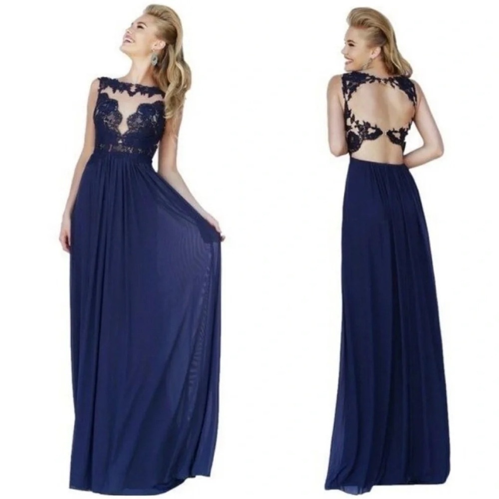 SHERRI HILL Navy Blue Lace Open Back Prom Long Formal Dress Gown Size 0